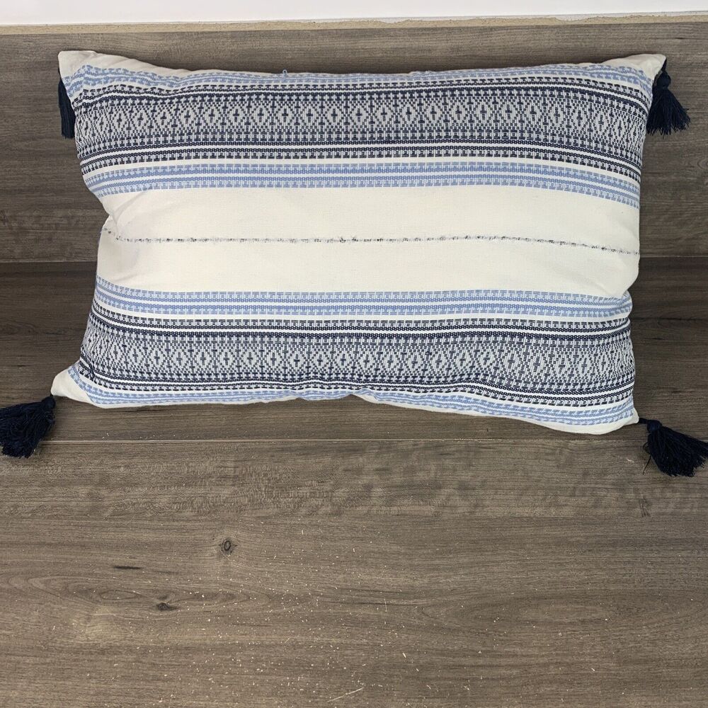 Lumbar Throw Pillow White Blue Boho Waterfowl Feather Striped Tasseled 16" x 24"